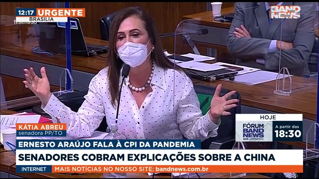 Kátia Abreu cobra Ernesto Araújo sobre relação com a China na CPI da covid Reprodução TV