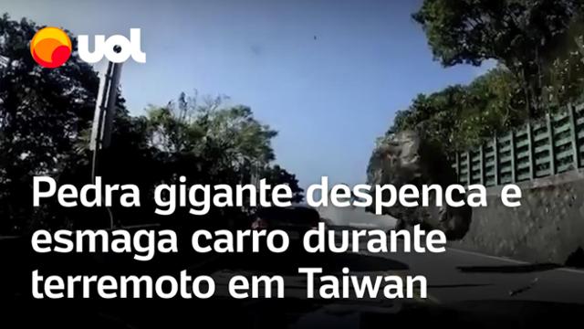 Pedra gigante despenca em estrada e esmaga carro em penhasco durante terremoto em Taiwan; vídeo