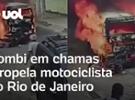 Carro em chamas atropela motociclista no Rio; vídeo flagra Kombi desgoverna