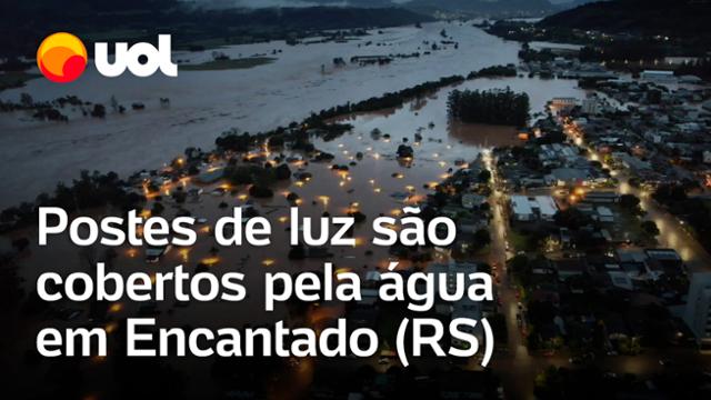 Rio Grande do Sul: Postes de luz ficam acesos embaixo d?água durante inundação em Encantado; vídeo