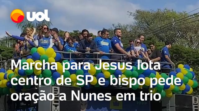 Marcha para Jesus lota o centro de SP e bispo pede oração para Ricardo Nunes em trio; veja vídeo