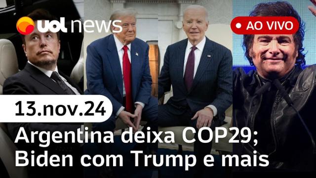 6x1 anima Planalto, mas gera cautela; Argentina deixa COP29; Biden com Trump e mais | UOL News 13/11/24